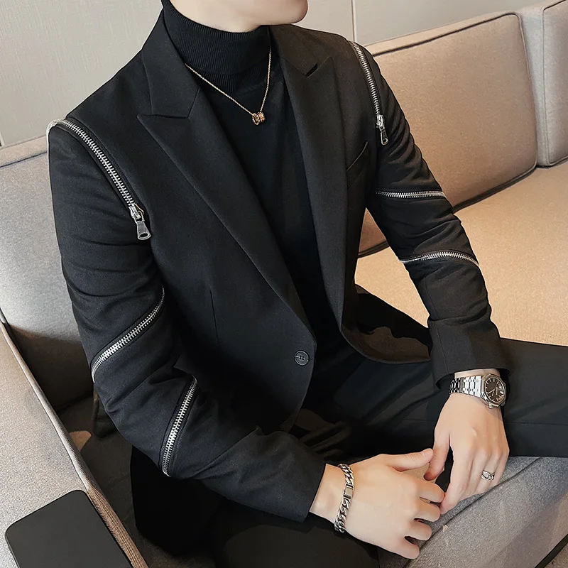 

2023 Spring New Zipper Decoration Blazer Men Casual Slim Fit Business Dress Coats Homme Formal Social Prom Tuxedo Men Clothing