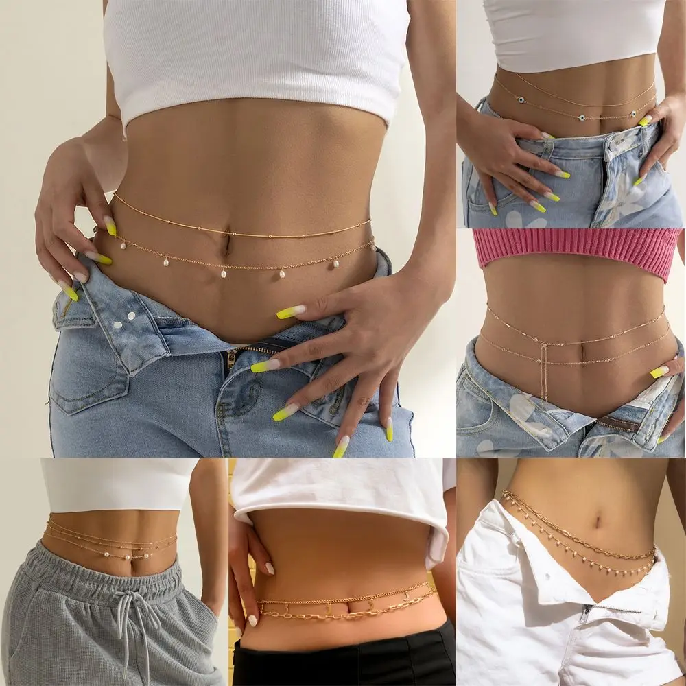 Boho Rhinestone for Women Girls Sexy Summer Beach Layered Waist Chain Beads Belly Chains Body Jewelry