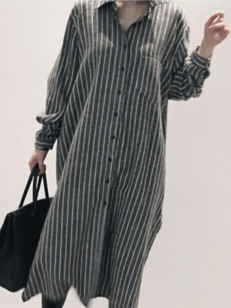 

Women Casual Loose Stripe Midi Shirts Dress Autumn Vintage Party Elegant Outwear Robe Female Fashion Korean Clothes Vestidos