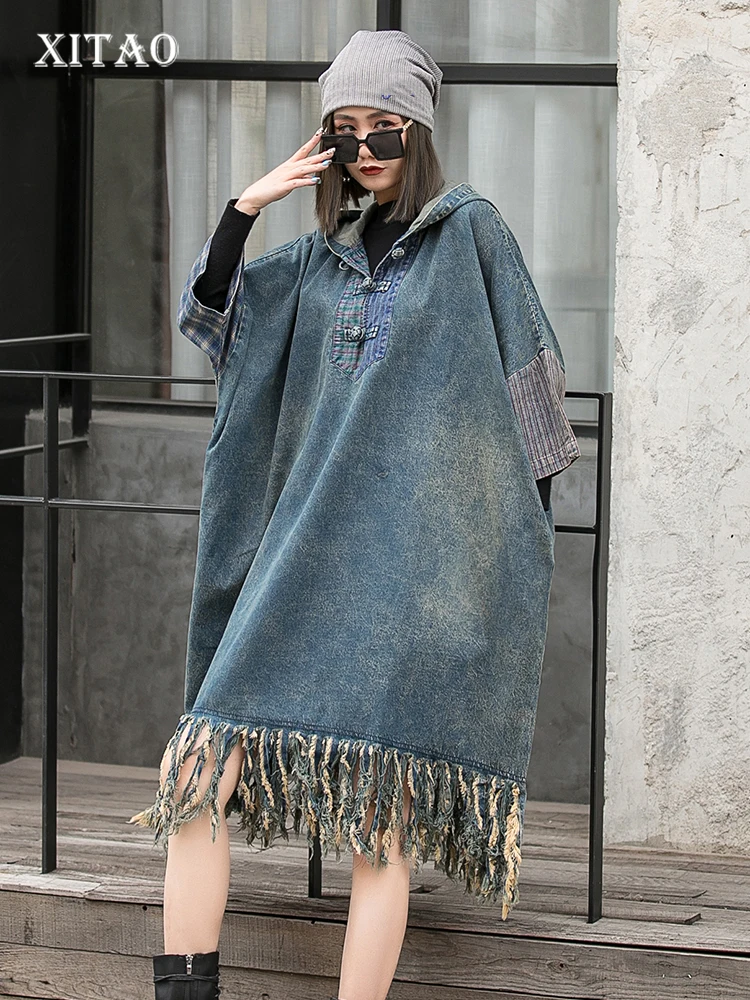 XITAO Vintage Denim Tassel Dress Loose Fashion Coil Buckle Hooded Pullover Distressed Stitching Mid-length New Women WLD6743