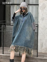 xitao vintage denim tassel dress loose fashion coil buckle hooded pullover distressed stitching mid length new women wld6743