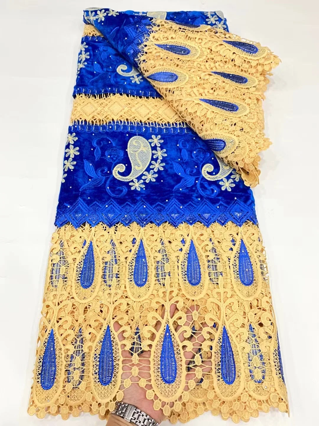 Royal Blue Yellow Milk Silk Lace Fabric African Velvet Lace Fabric French Guipure Cord Lace Fabric Nigerian Party Lace LDP21255
