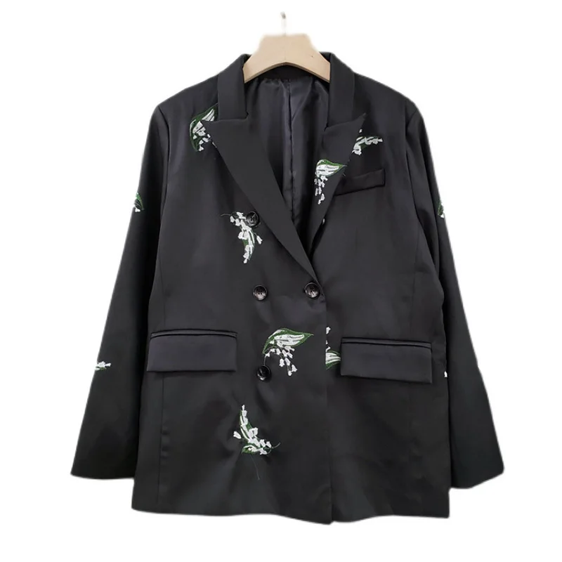

SeeBeautiful Casual Loose Blazer Coat Embroidery Notched Collar Long Sleeve Double Breasred Women 2022 Autumn New Fashion Q586
