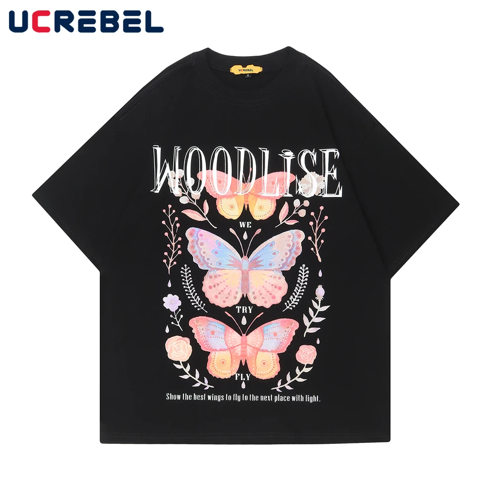 

Футболка мужская с круглым вырезом, хлопковая уличная одежда с принтом бабочек, Свободный Повседневный Топ с коротким рукавом и надписью, н...