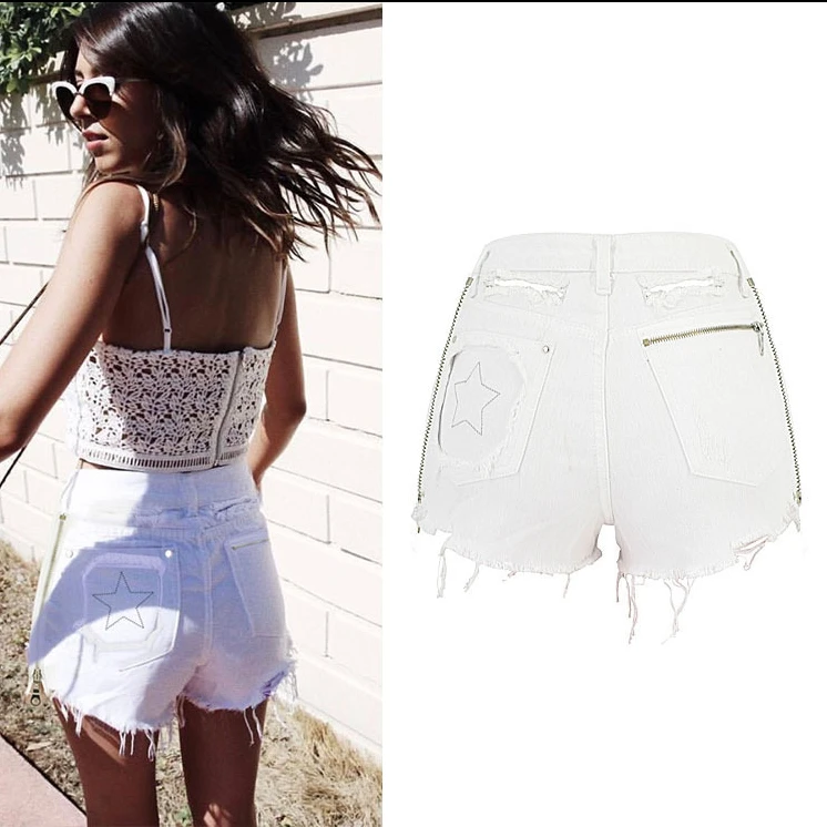 Women's Y2k Streetwear Zipper Ripped Denim Shorts Star Embroidery Women White Distressed Jeans Shorts Hip Hop Sexy Short Pants