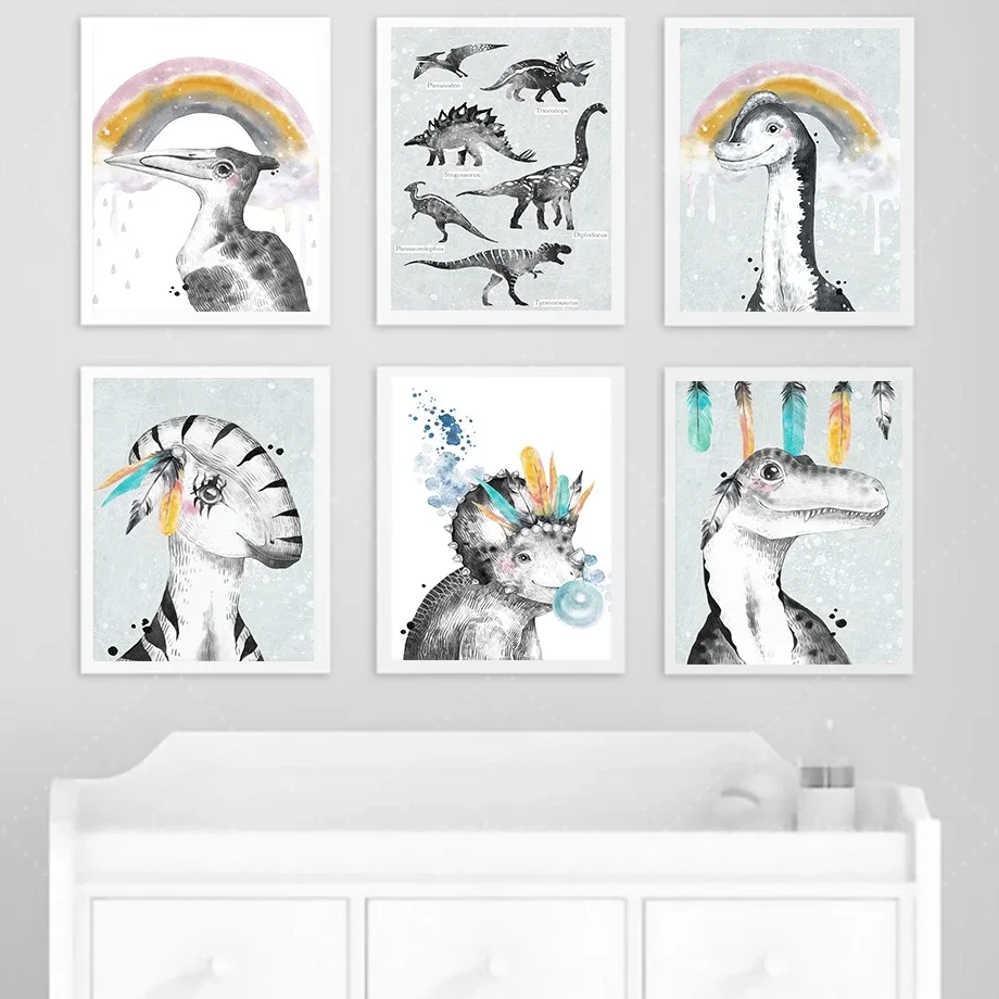 

Rainbow Cartoon Animal Canvas Painting Dinosaur Colorful Feather Picture Nursery Children's Room Decoration Nordic Print Poster