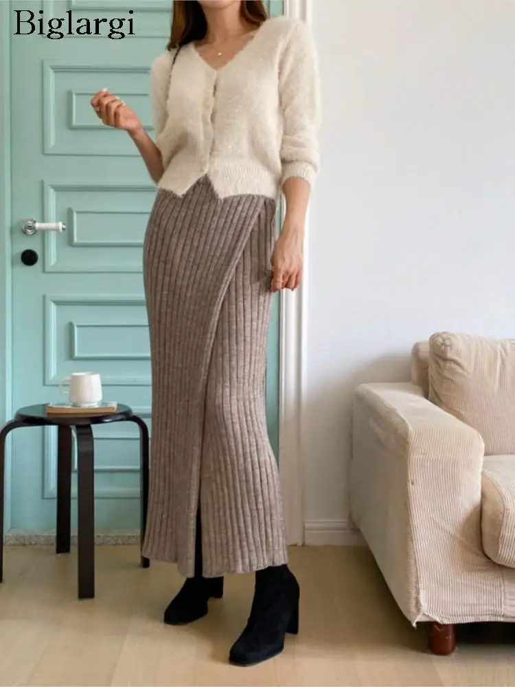 

Женская трикотажная длинная юбка, свободная винтажная юбка А-силуэта с разрезом и высокой талией, модель 2023 в Корейском стиле на осень и зиму