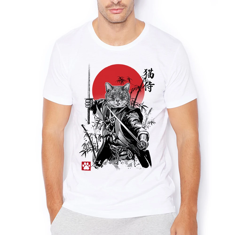 

Винтажная забавная аниме футболка Edo с изображением кошки, меака, самурайского меха, мужская белая Повседневная футболка, уличная одежда ун...