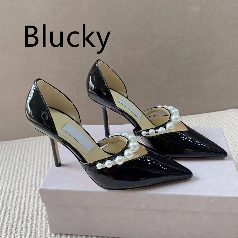 

2023 Women's High Heel Sandals Pearl Decoration Fashion Luxury Style Genuine Leather Shiny Surface Material Pointed Solid Color