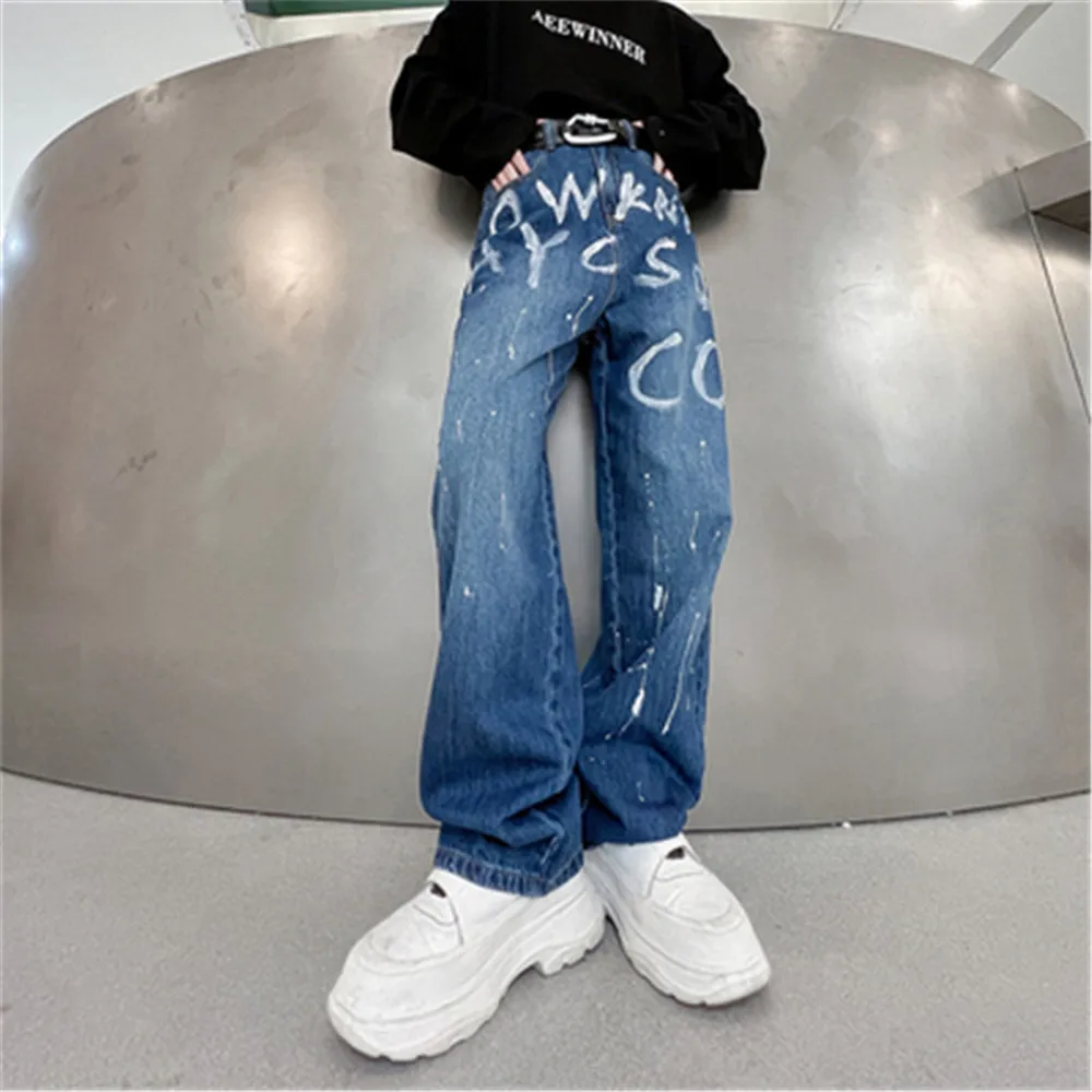 Men Jeans Loose Wide Leg Pants Graffiti Baggy Pants Men High Street Cool Male Denim Blue Trousers Korean Style Men Clothes Fall