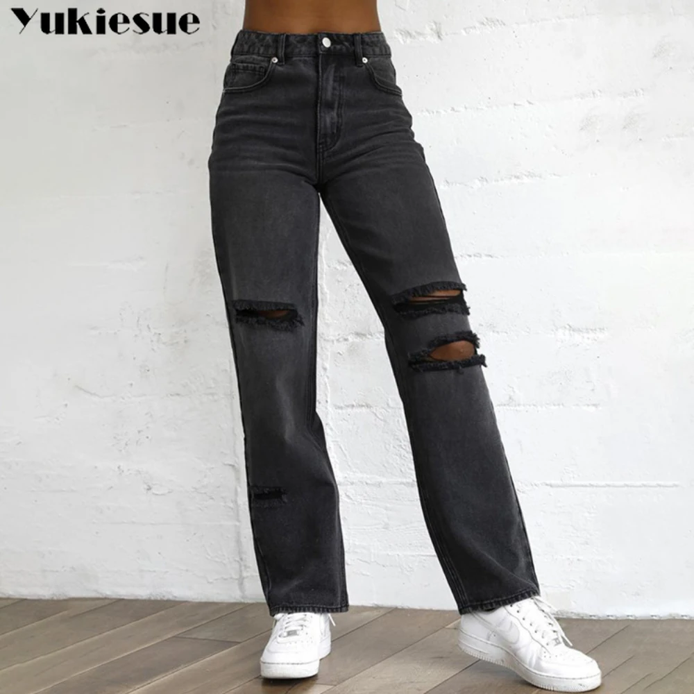 

spring 2022 womens black high waist Women's ripped hole Wide leg jeans baggy woman denim capris Pants jean mom jeans