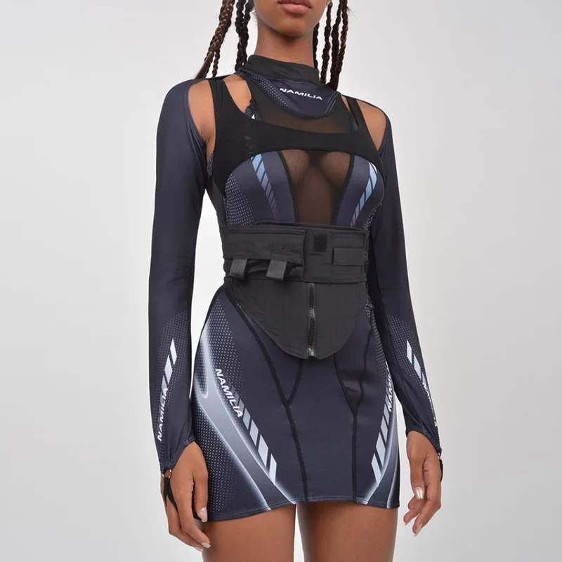 

Лоскутный комплект из двух предметов, Кардиган с длинным рукавом и принтом, асимметричное Сетчатое платье, костюмы, женская одежда, Осенние ...