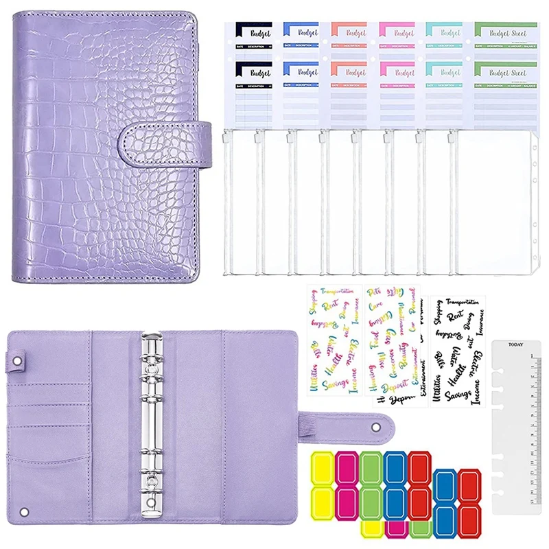 

Budget Binder with Zipper Envelopes,A6 Binder PU Budget Notebook for Daily Planner,Cash Envelopes,Paper,Label Stickers
