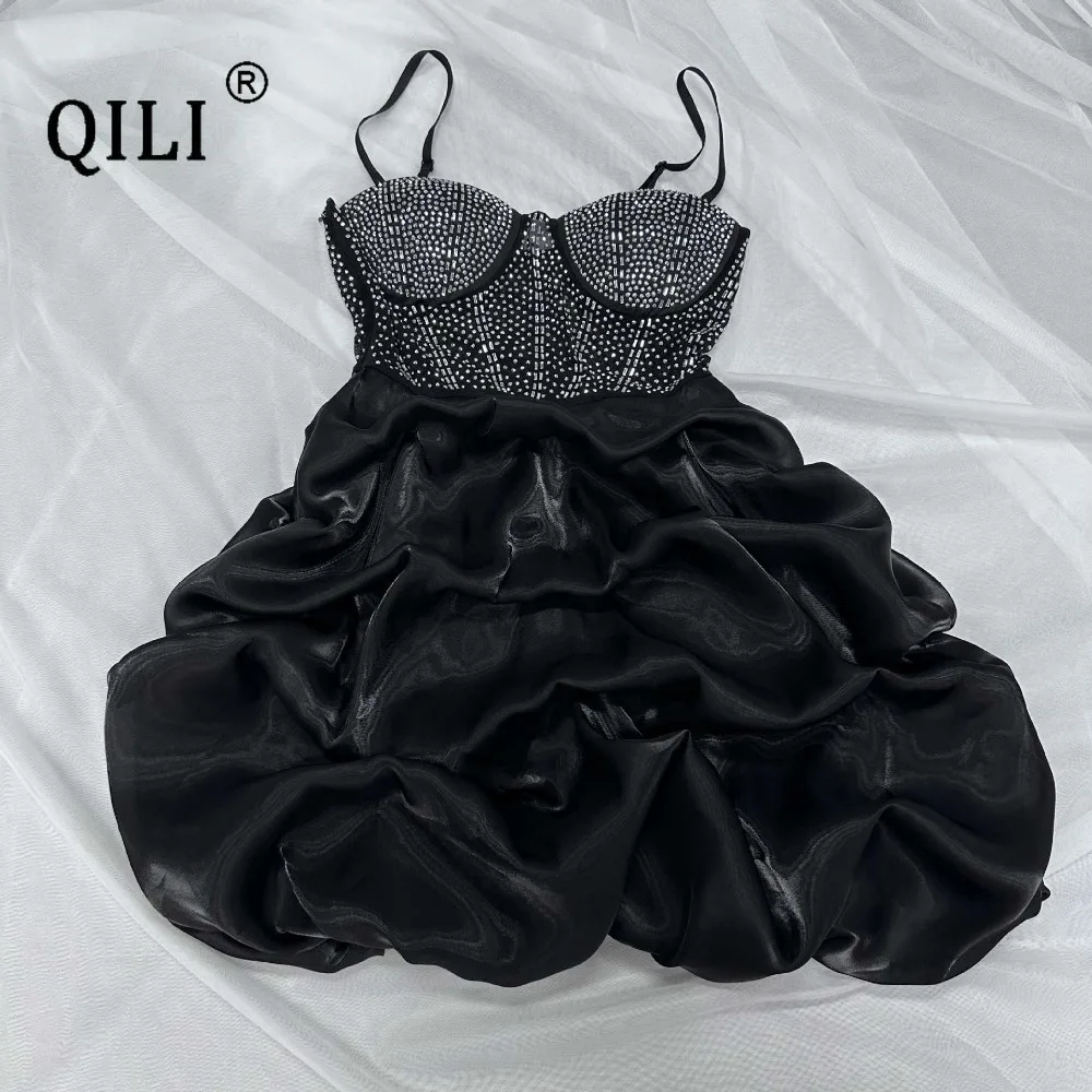 QILI-сексуальное платье на бретелях-спагетти облегающее яркий бриллиант стразы