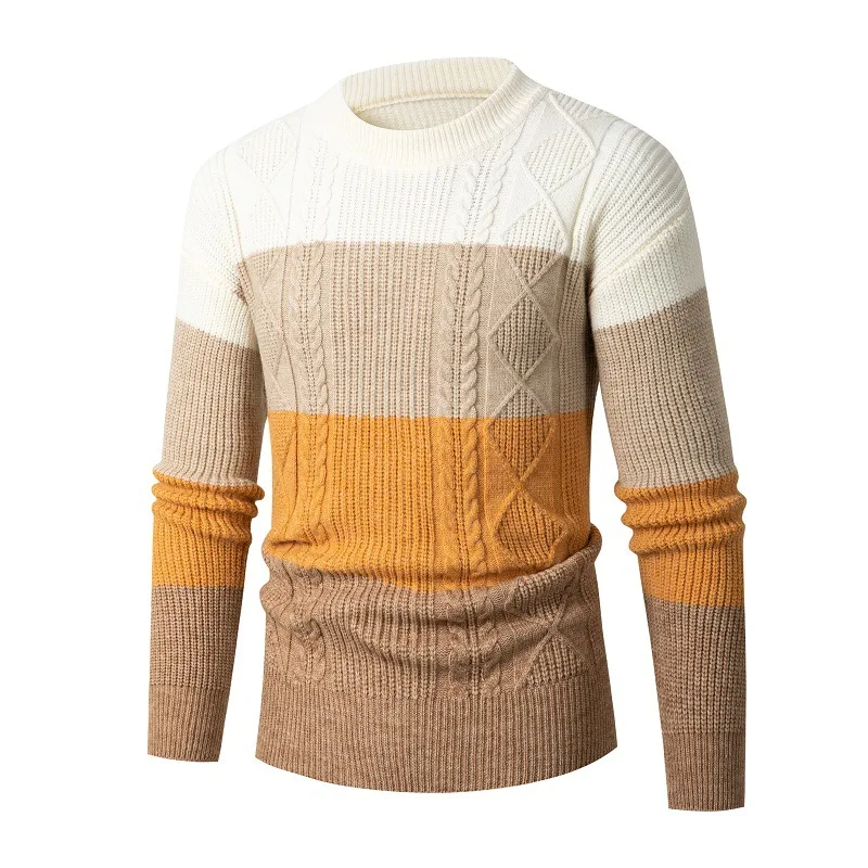 

2022 New Men's Trendy round Neck Loose Color Matching Cable-Knit Sweater Teenagers Gradient Color Handsome Casual Sweater