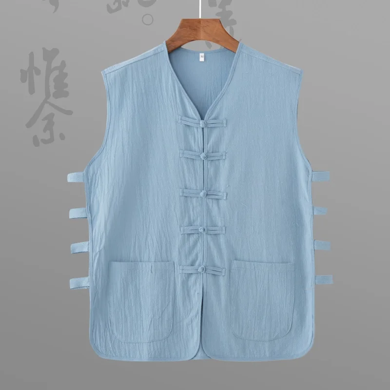 

M-5XL Plus Size Men Linen Vest Summer Streetwear Traditional Chinese Vintage Clothing for Man Women Cool Top with Double Pockets