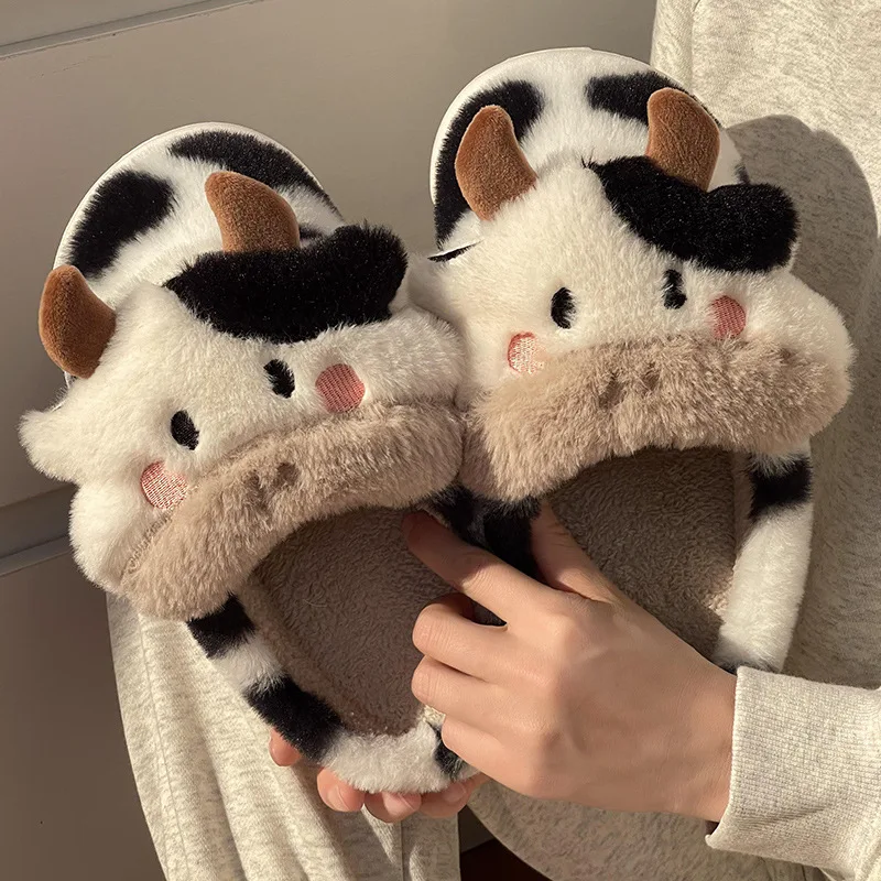 Animal Slipper For Women Girls Kawaii Fluffy Winter Warm Upgrate Slippers Female Cartoon Milk Cow House Cotton Slides Funny Shoe