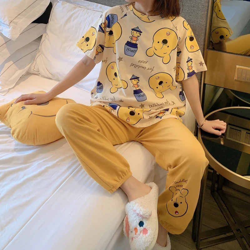 Disney Sleepwear Cartoon Pajamas Set for Women Long Pants Short Sleeved Summer Loungewear Fashion Home Clothing Homewear Suit