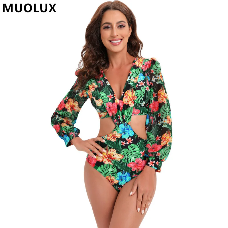 

2022 Цельный купальник с длинным рукавом, женский купальник с принтом листьев, боди, монокини, сексуальный зеленый купальный костюм, открытая ...