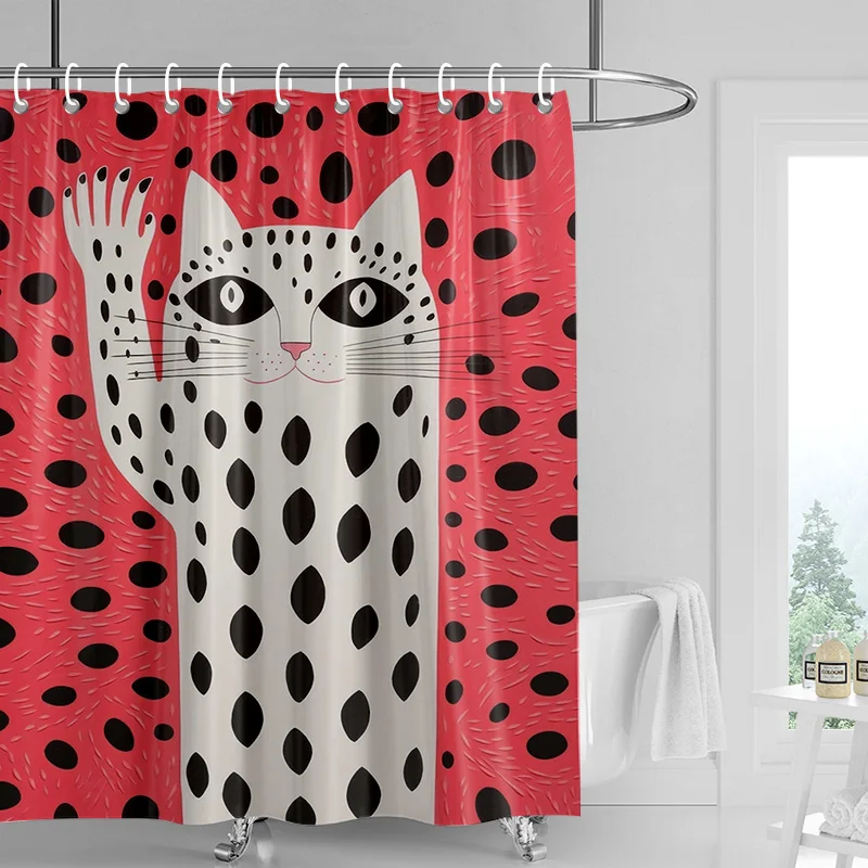 

Занавеска для душа с розовым котом, дизайн с черными пятнами и разноцветными точками, водонепроницаемый декор для ванной комнаты для современных и игривых домов
