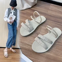 womens 2022 summer imitation straw slippers han chao wears flip flops beach linen fashion womens espadrille sandals bohemia