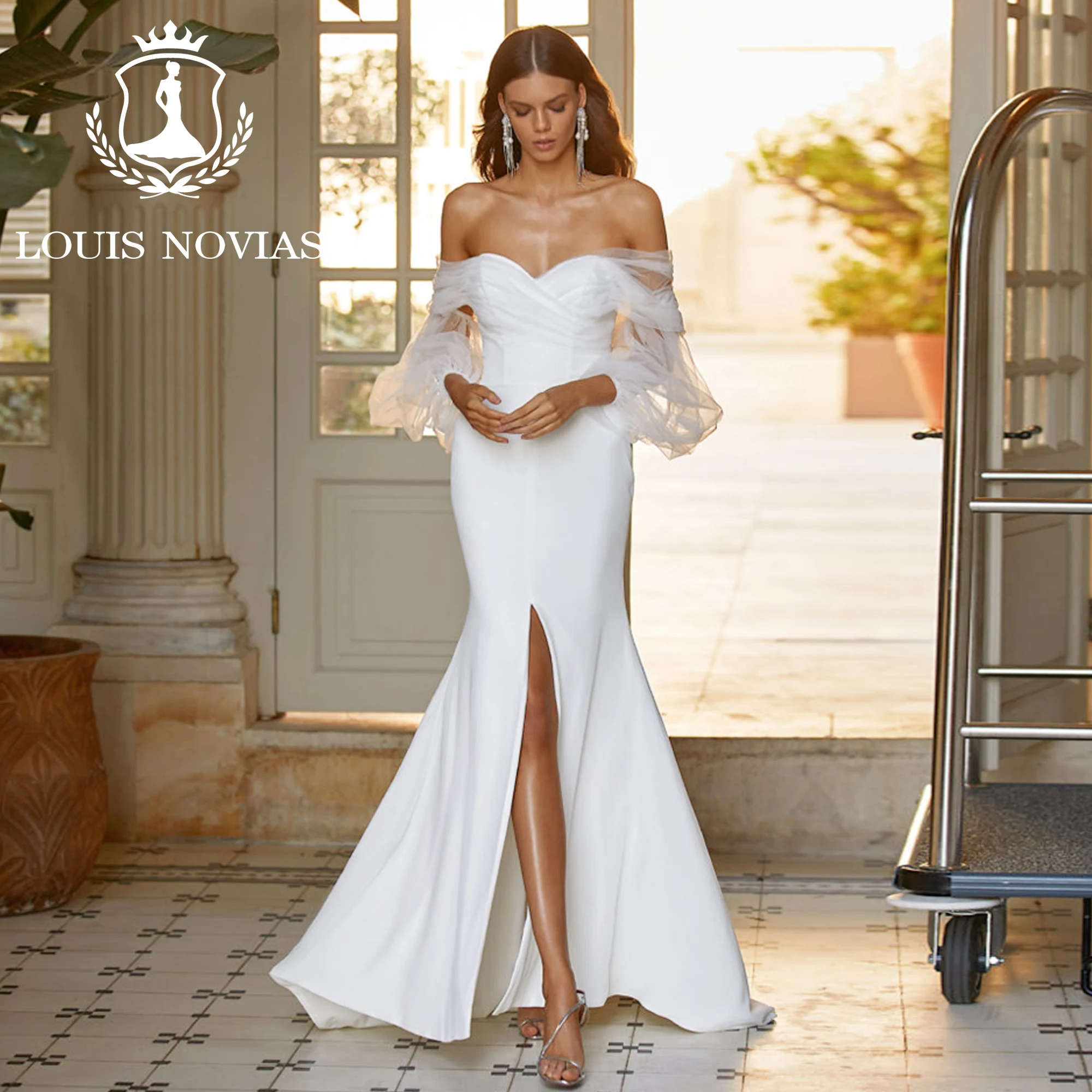 

LOUIS NOVIAS Mermaid Puff Sleeve Wedding Dresses 2023 Sweetheart Thigh Split Flowy Sheath Satin Wedding Gown Vestidos De Novia