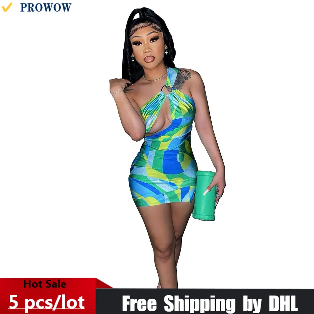 

Wholesale One-shoulder Lady Dresses Sexy Tight Mini Package Hip Dress Print Hollow Sleeveless Women Sundress Club Clothing 7955