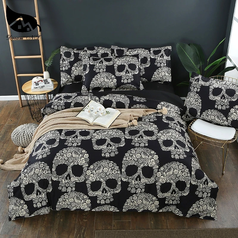 

Dream NS Flower Skull Beddings and Bed Sets Black Color Duvet Cover King Size Luxury Sugar Skull Bedding Set Queen Size PN007