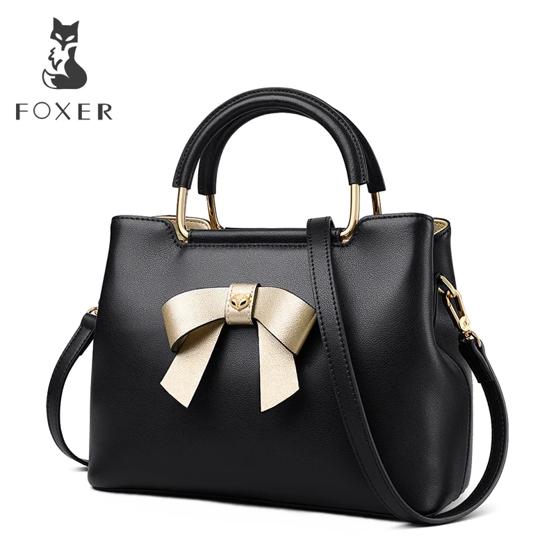 FOXER Commute Crossbody Handbag Split Leather Casual Shoulder Bags Lady Girl Bow Fashion Design Totes Elegant Top Handle Purse