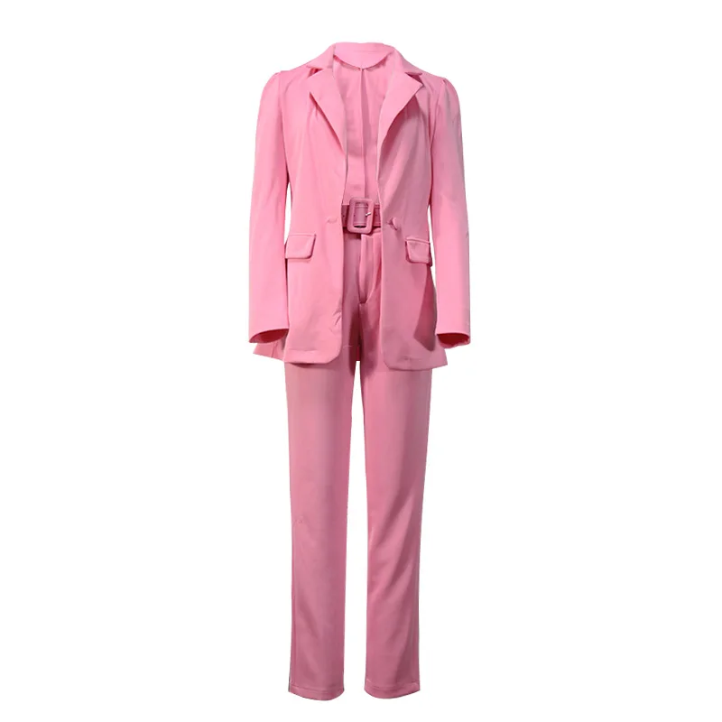 Big Sashes Office Blazer Suit Two Piece Set Women Solid Color Single Button Casual Commute Blazer High Waist Pants Suit Trousers