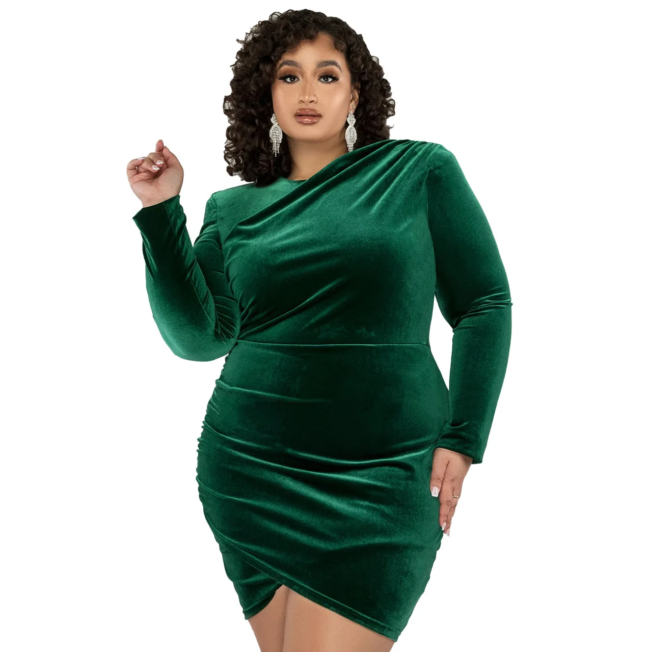 Women Plus Size Elegant Dresses 2023 Spring Casual Solid Color Pleated Daily Large Size Dress Fashion Long Sleeve Party Dresses