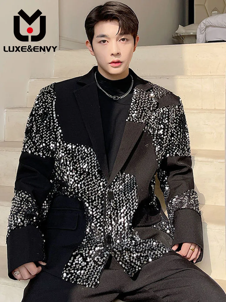 

Роскошное пальто Люкс & ENVY с блестками, новый костюм с отложным воротником и длинным рукавом, Мужская индивидуальная модель, Корейская свободная Мода