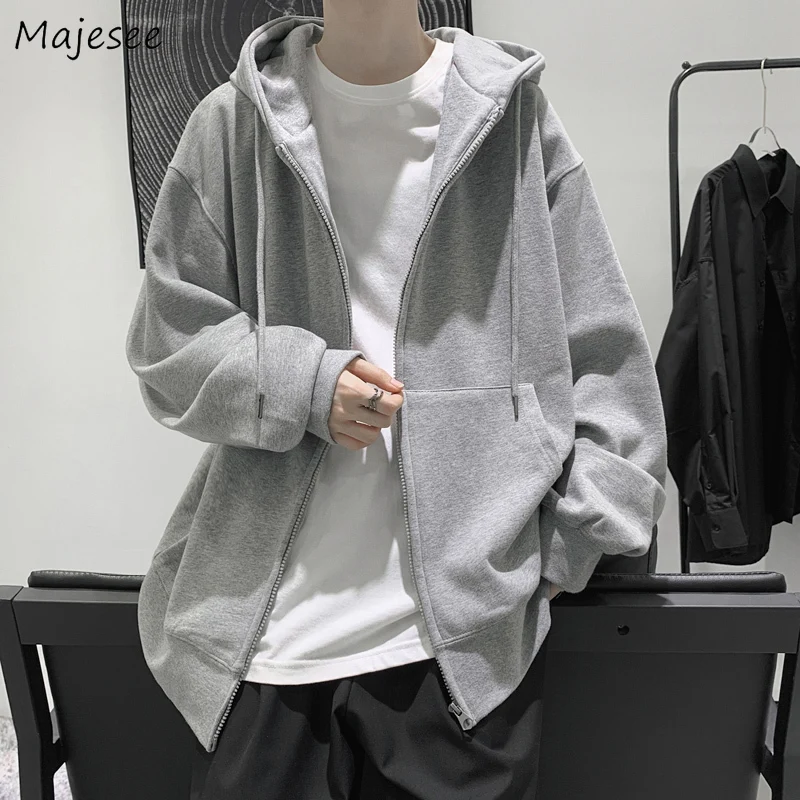 

Hoodies Men Fleece Autumn with Hat Winter Outwear All-match Simple Solid Fashion High Street Pockets Zip-up Harajuku Clothing