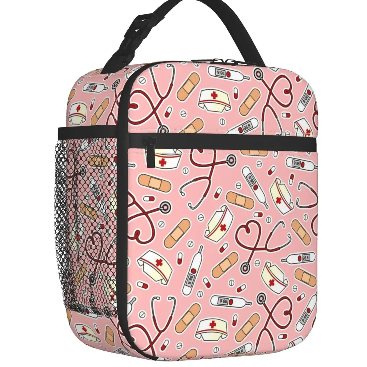 Custom Pink Cartoon Nurse Lunch Bag Women Cooler Warm Insulated Lunch Box for Kids School Children