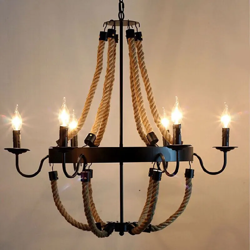 Американский деревенский ресторан кафе винтажная люстра из пеньковой веревки