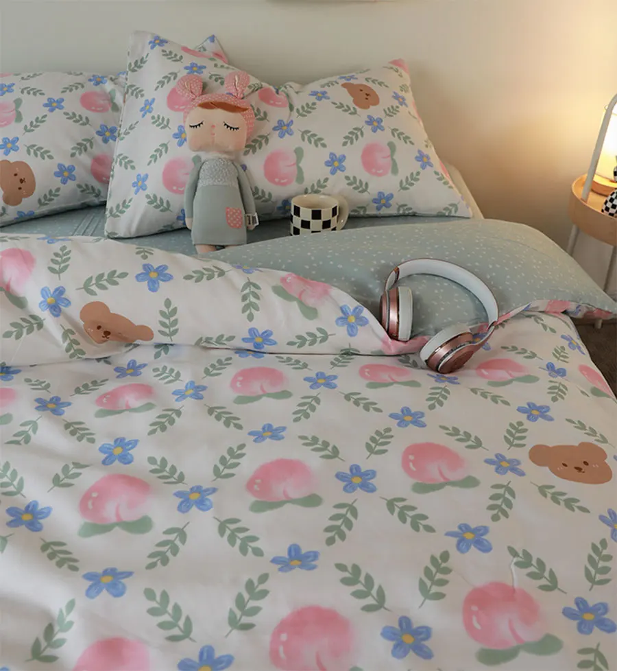 

Cute paech bear bedding set kid teen girl,kawaii cotton twin full queen king home textile flat sheet pillow case duvet cover