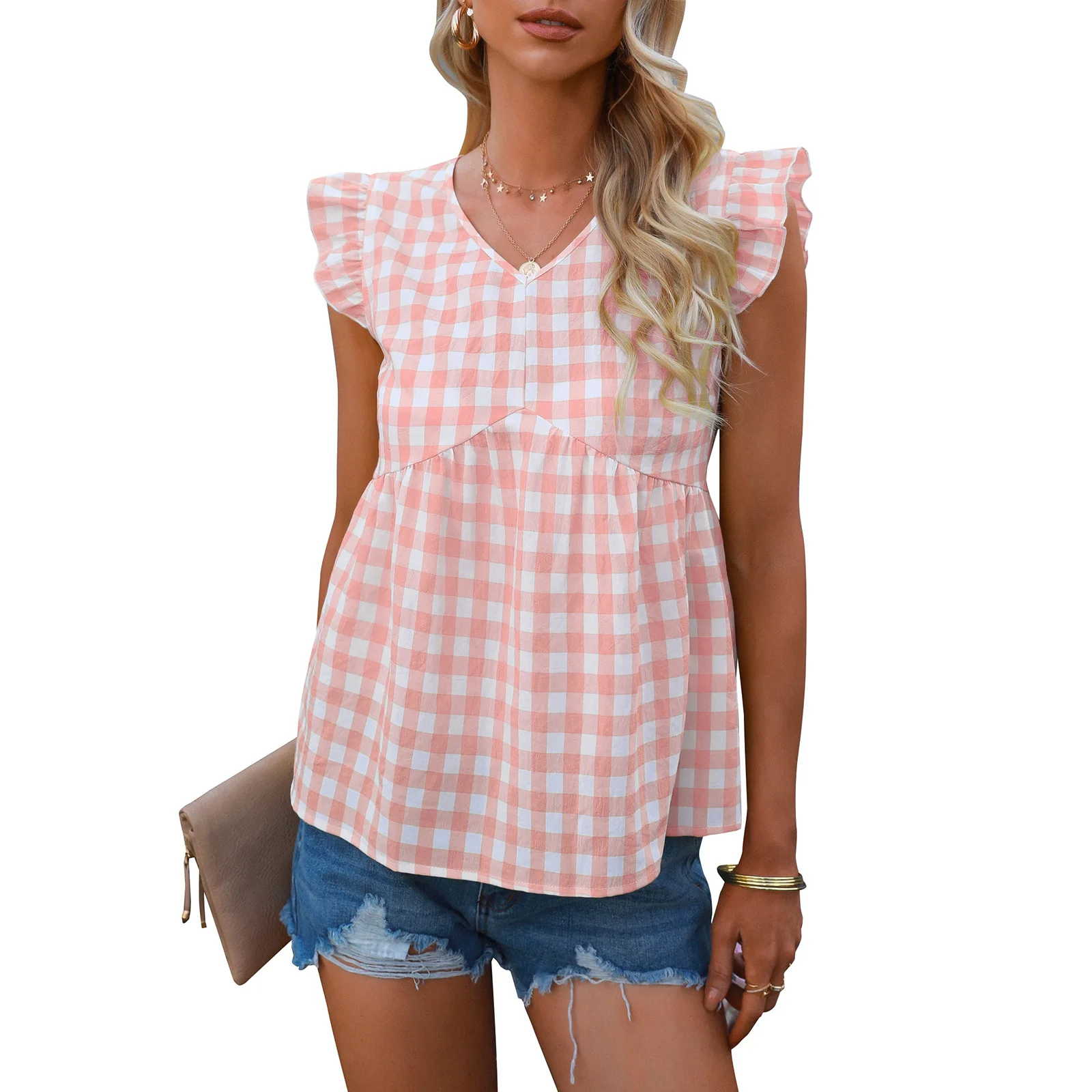 

2022 Europe and America Summer New Women's Top Temperament V-collar Sleeveless Loose Plaid T-shirt