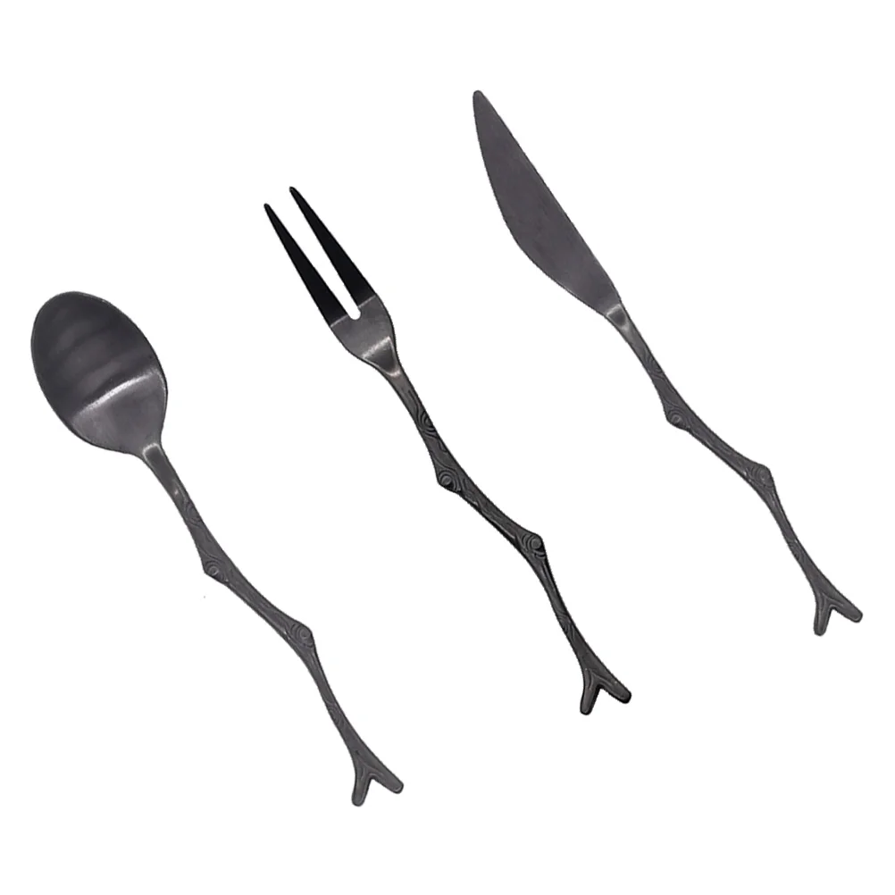 

Set Spoon Dessert Fork Spoons Stainless Steel Coffeeflatware Forks Vintage Fruit Cutlery Silverware Kitchen Kit Blackutensil
