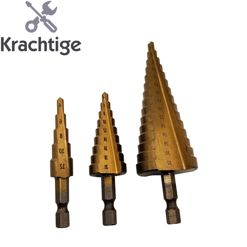 

Krachtige 3pcs Hss Step Drill Bit Set Hole Cutter Metric Spiral Center 4-12/20/32mm Titanium Coated Cone Taper Hex Drill Bits