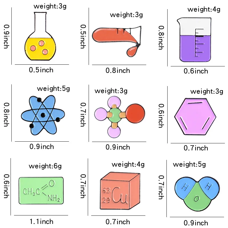 Эмалированная брошь в виде молекул химикатов с изображением протестной трубки