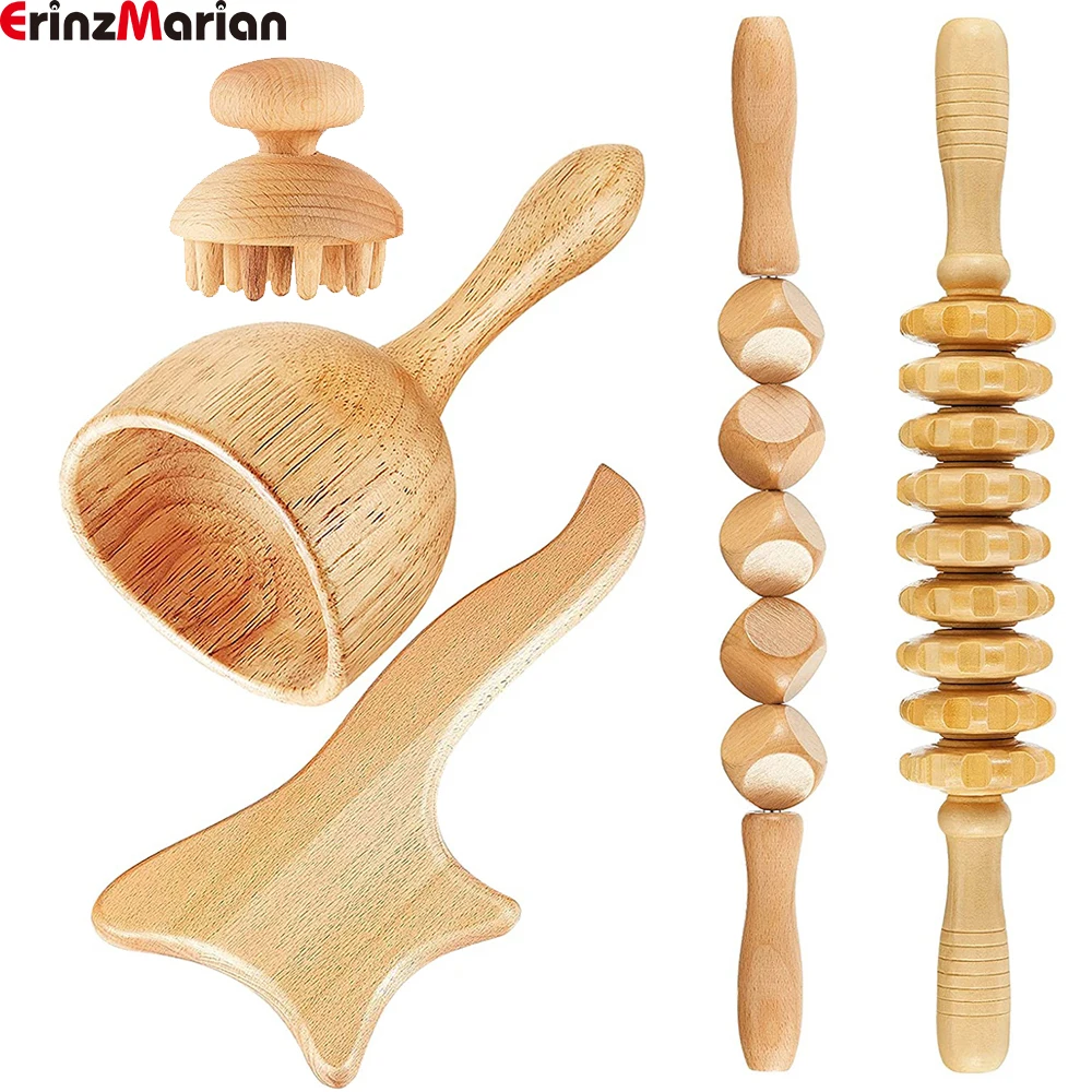 

5Pcs Wood Therapy Massage Tool Lymphatic Drainage Massager Anti Cellulite Fascia Massage Roller for Full Body Muscle Pain Relief
