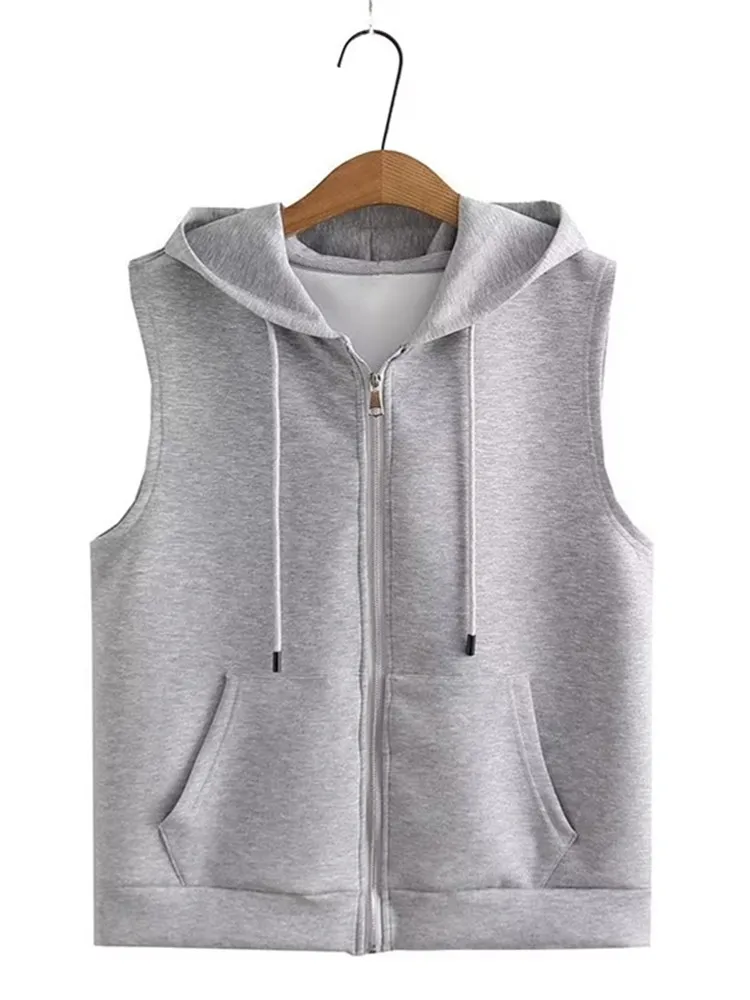 

Plus Size Women's Clothing In Spring And Autumn Wear Sleeveless Jacket Hooded Solid Color Zipper Large Size Casual Vest Coat