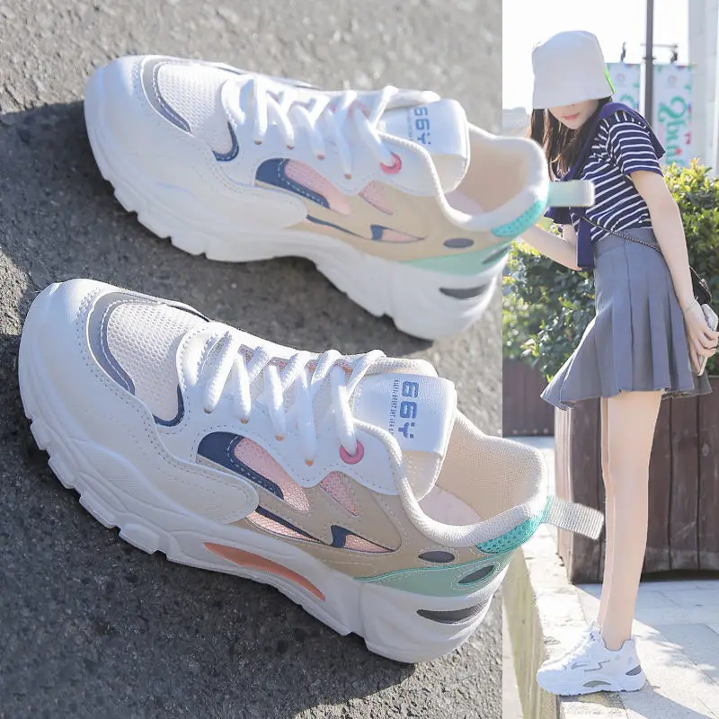 Soft Leather Dad Shoes for Women Spring and Autumn New Sports Mesh Shoes Breathable and Versatile Running Casual Shoes