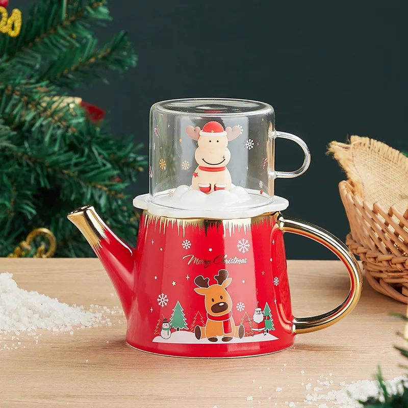 

Christmas Elk Teapot Mug Cartoon Ceramic Teapot with Hand Cute Flower Tea Pot Cup One Set Lovely Christmas Gift Drop Shipping