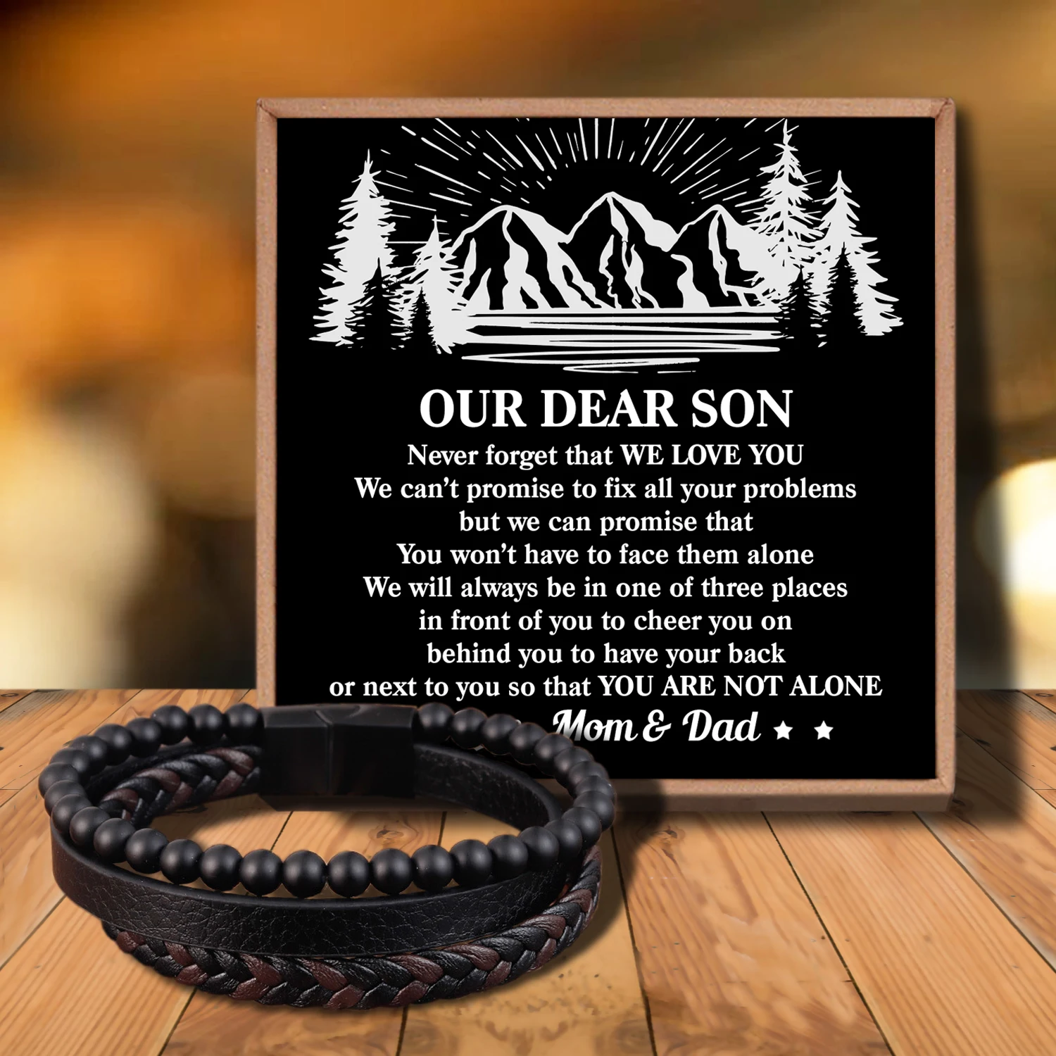 

Sab3033 Mom And Dad To My Son Mens Black Onyx Leather Bracelet, Handmade Natural Gemstone Triple Layer Bracelet, Loyalty Strengt