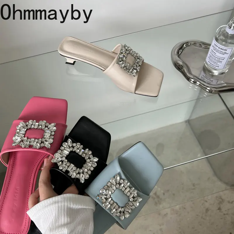 

Женские летние тапочки с кристаллами, модные туфли с открытым носком на низком каблуке, женские элегантные туфли-лодочки без застежек, лето ...