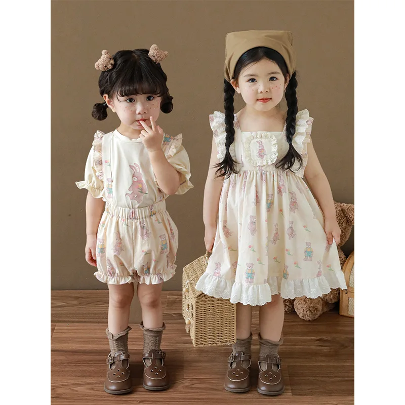 

2023 Kids Summer Clothes Set Outfit For Baby Girls Kid Dresses Rabbit Printed Shirt Overall Shorts Suit Sundress Children Kawaii