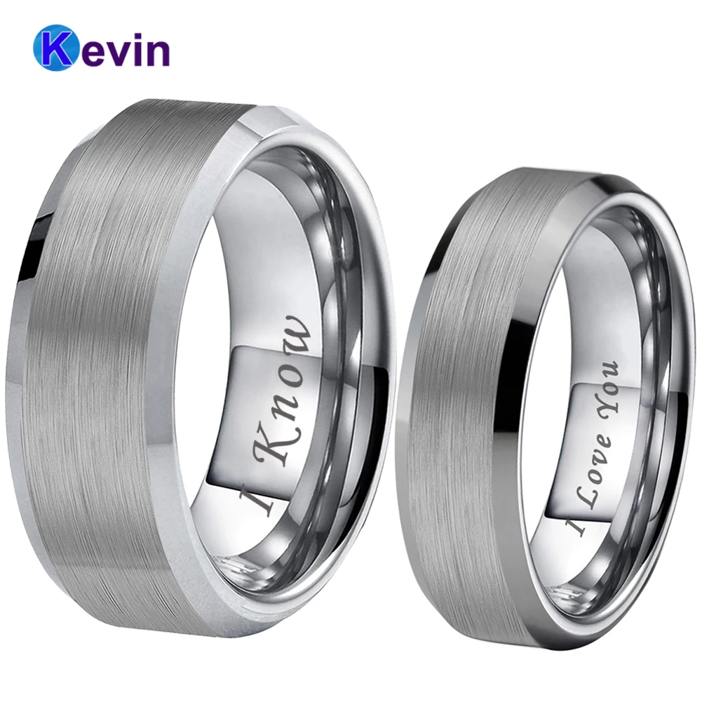 

6MM 8MM Classic Tungsten Wedding Band Men Women Ring Fashion Jewelry Brushed Beveled Finish I Love You I Know Engraved