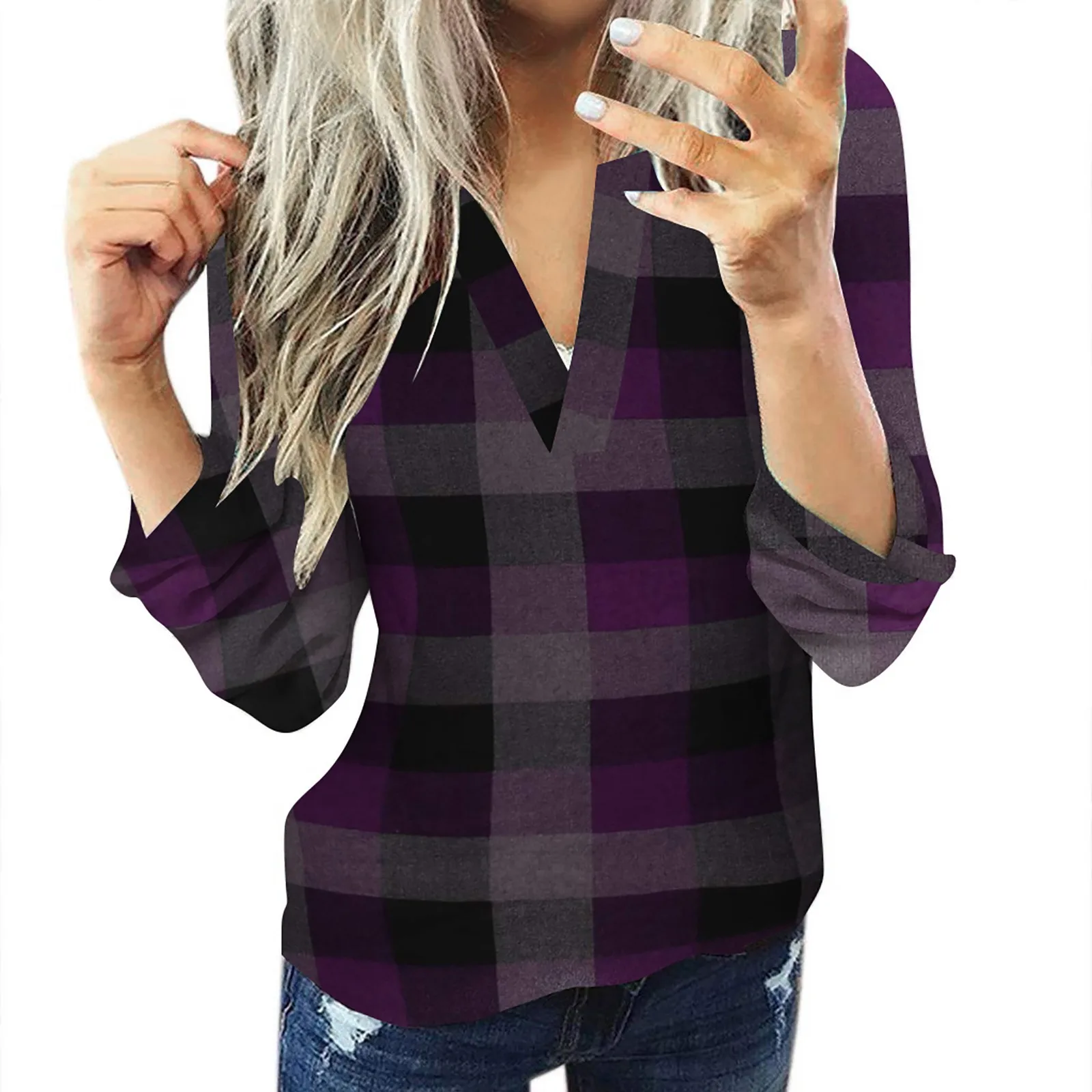 

Women Casual Cotton Long Sleeve Plaid Shirt Women's Slim Jacket Shirt Top While Blouse Tight Blouses Women