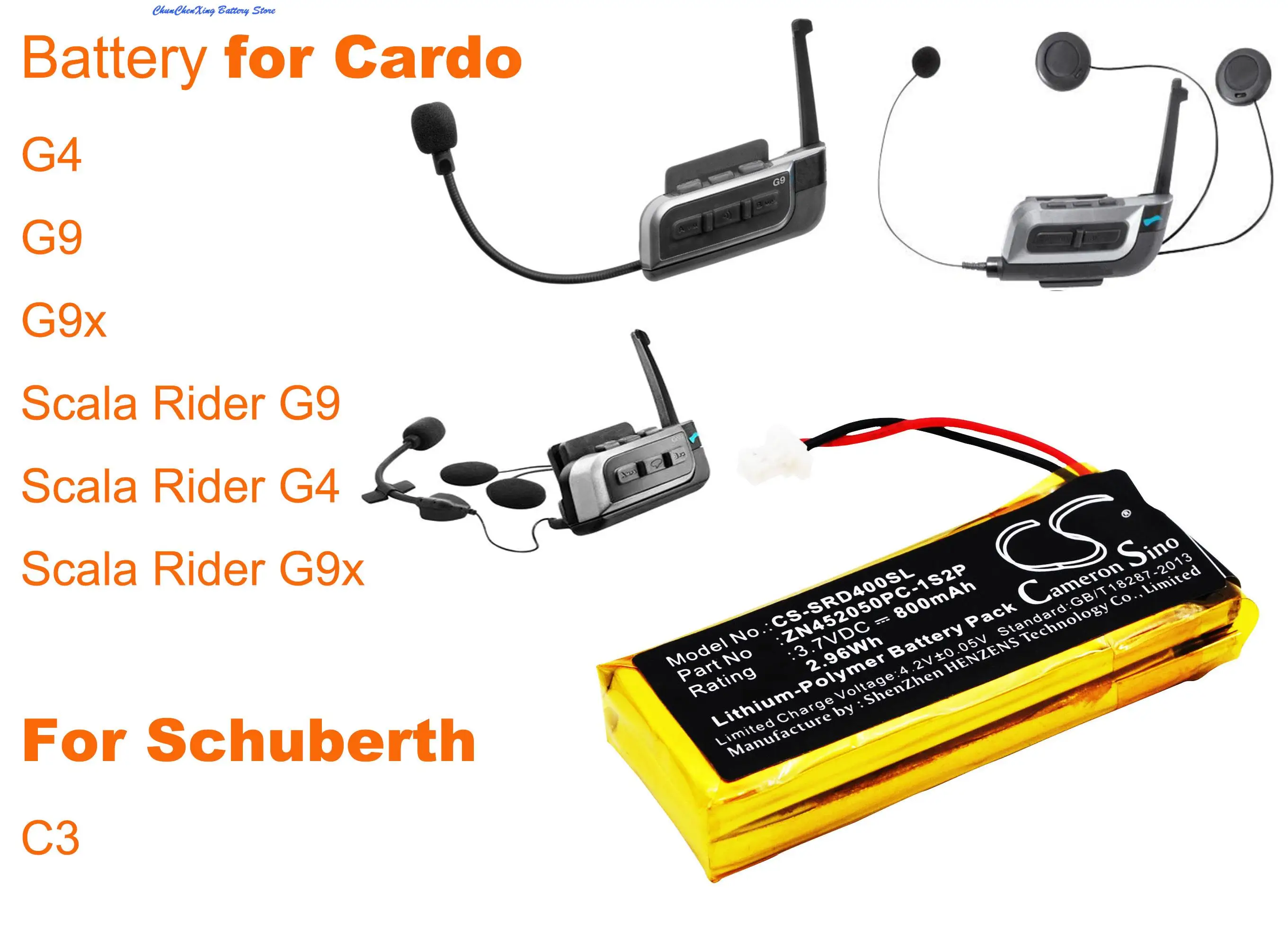 

Cameron Sino 800mAh Battery BAT00002,BAT00004, WW452050-2P, ZN452050PC-1S2P for Cardo Scala Rider G4, G9, G9x, For Schuberth C3